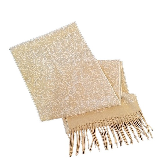 Vintage 100% CASHMERE Made in Scotland Fringed Scarf Ivory Tan Floral Soft - Picture 3 of 6